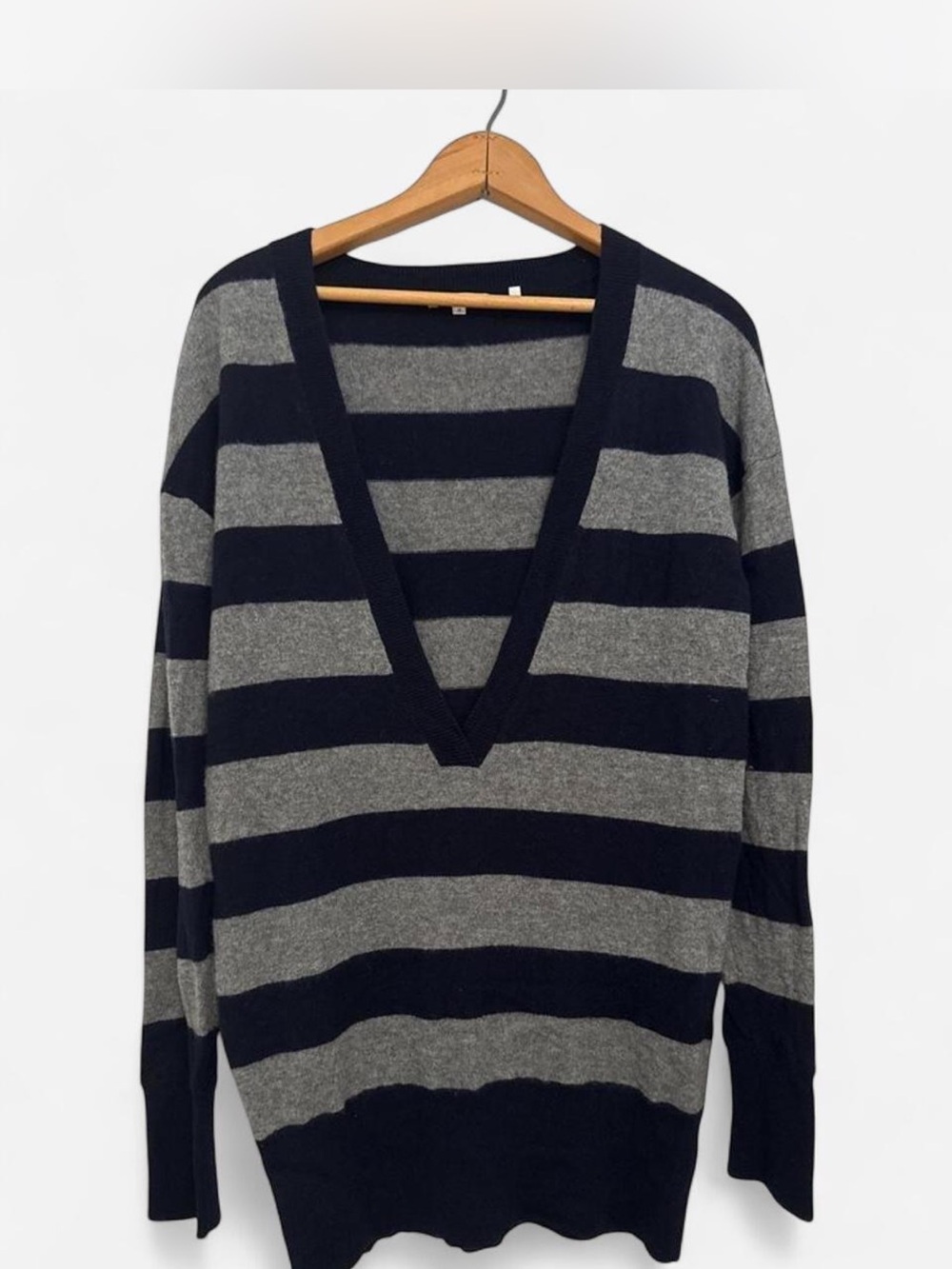 Vince Deep V-Neck Striped Sweater in Navy & Gray